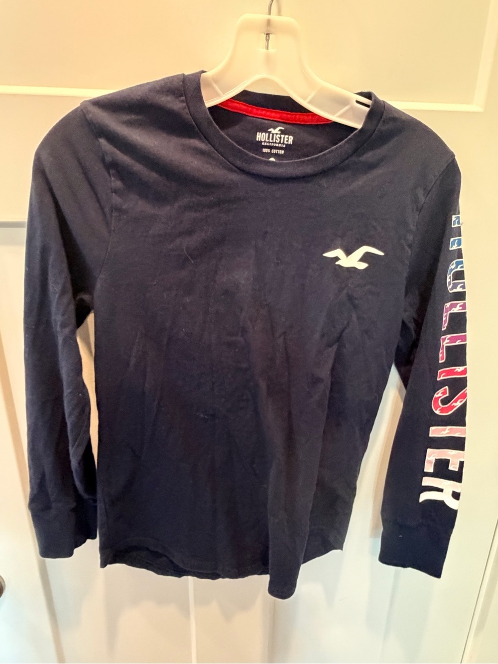 Hollister XXS Navy Long Sleeve Logo Sleeve Graphic 100% Cotton Tee